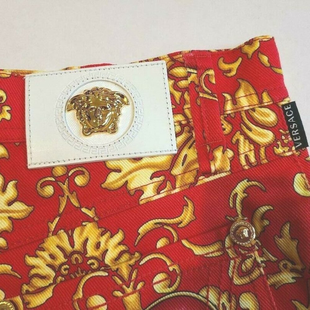 VERSACE Red Gold Denim Baroco Medusa Shorts 26/4 - Picture 7 of 13